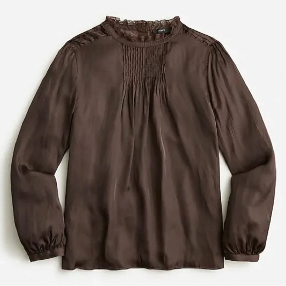 J.Crew Chocolate Brown Ruffleneck Drapey Long Sleeve Blouse